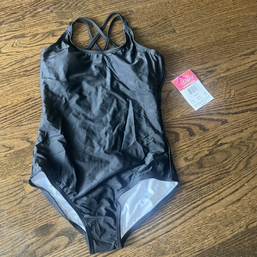 Kanu Surf Swimsuit Girls 16 Black Ribbed One Piece Swimwear 1153